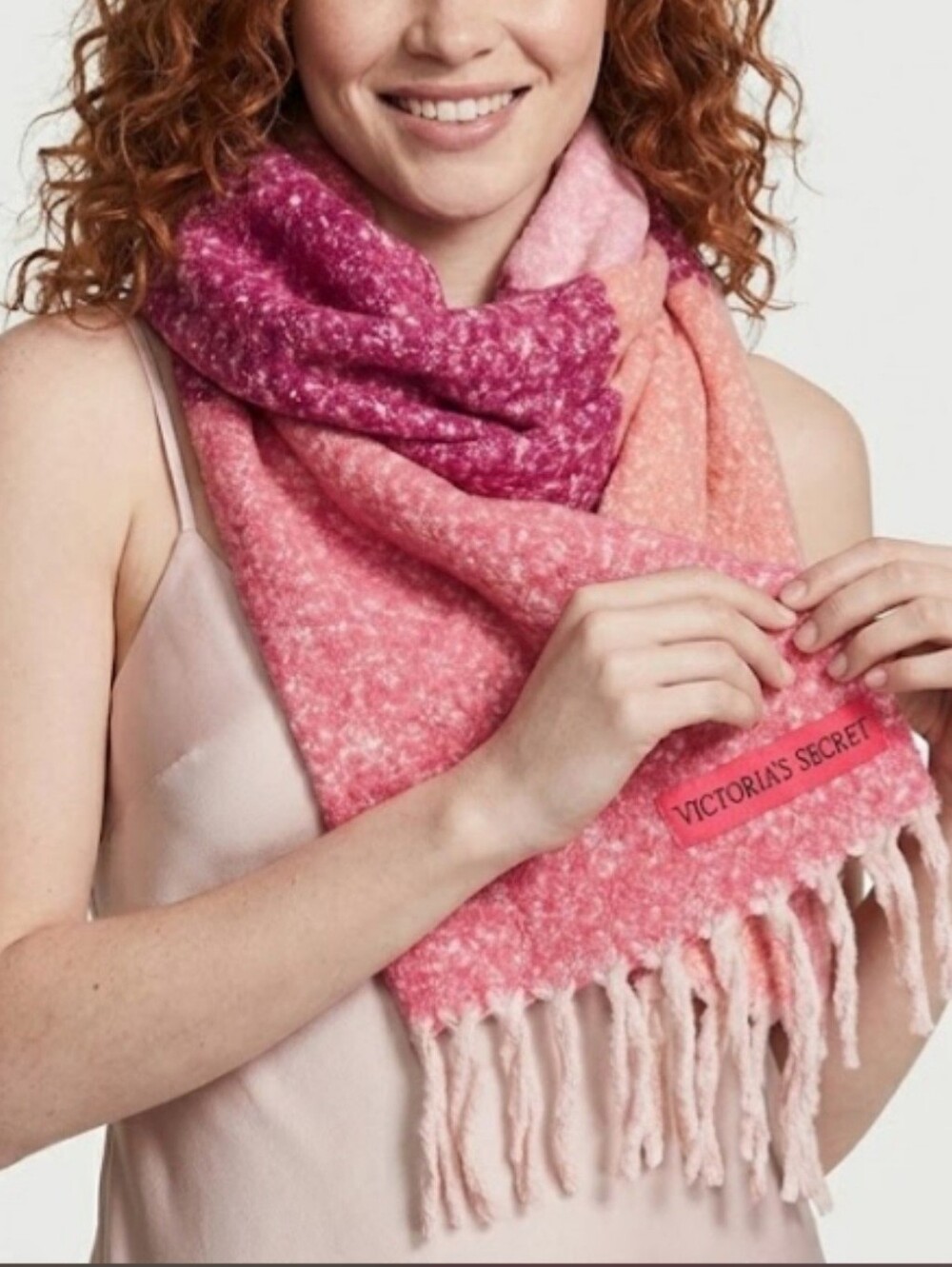 Victoria's Secret Soft Puffy Boucle Pink ColorBlock Scarf Fringe Dolcore